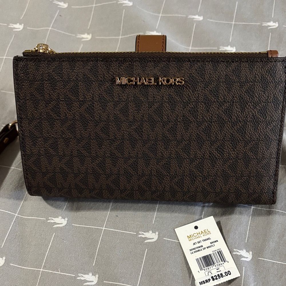 Michael Kors Dark Brown Double Zip Large Monogram Wristlet